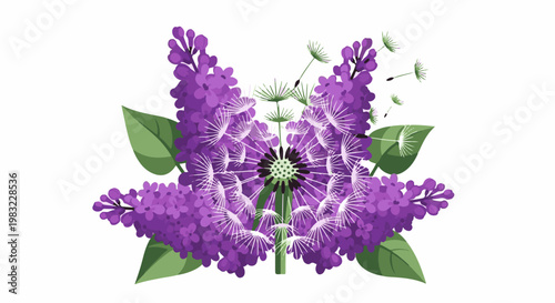 Purple lilac clusters surround a fluffy dandelion with airborne seeds