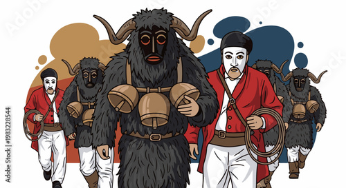 Procession of figures in traditional costumes, some with masks and bells