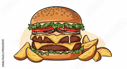 A tall, juicy double cheeseburger with potato wedges