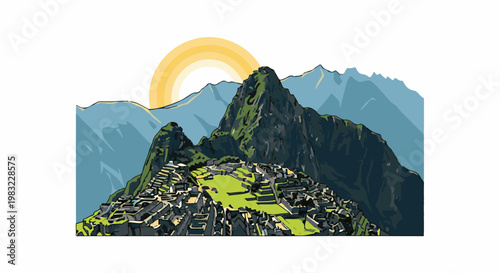 Ancient stone citadel perched on a verdant mountain slope, bathed in sunrise