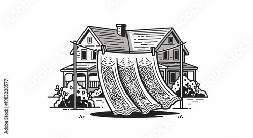 Ornate patterned blankets drying on a clothesline in front of a house