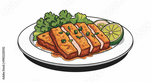 Fried protein strips with sauce, garnished with lime and greens