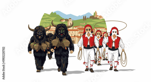 Pixelated procession with masked figures and village backdrop