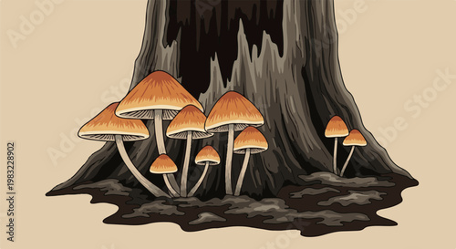 Pixel art illustration of many small orange-capped mushrooms growing near a dark, textured tree stump