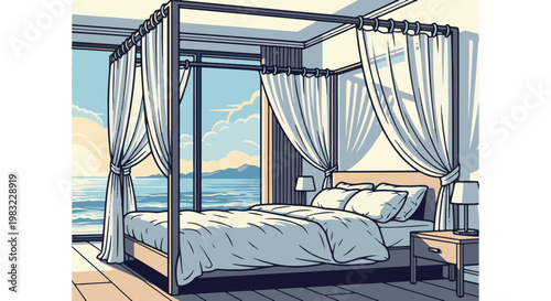 Luxury bedroom with ocean view and canopy bed at sunrise