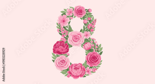 Pink floral numeral eight on a light pink background