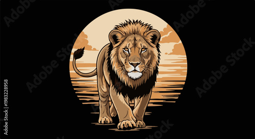 Majestic lion walks with fierce gaze against a sunset backdrop