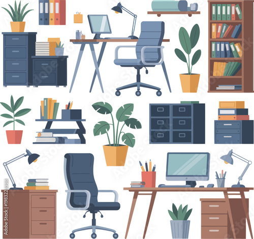 Office furniture and supplies for a workspace in a flat design vector illustration