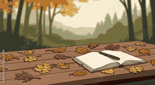 An open notebook and pen lie on a rustic table scattered with autumn leaves