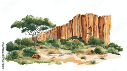 Bandiagara Escarpment. Bandiagara Escarpment hand drawn watercolor illustration on white background