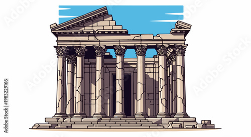 Ancient stone structure with cracked columns and partial roof under blue sky