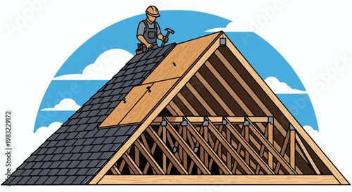Construction worker repairing roof structure with hammer