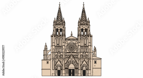 Ornate Gothic cathedral with twin spires and rose window