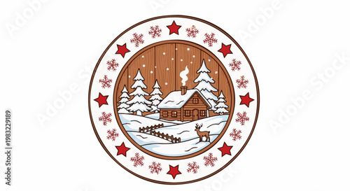 Cozy snow-covered cabin scene with deer and festive circular border