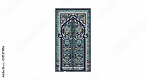 Ornate archway with intricate floral patterns in teal and gold