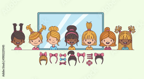 Diverse cartoon children, reflected in a mirror, with hair accessories displayed below