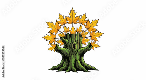 Green, gnarled tree trunk with outstretched branches, topped by yellow autumn leaves