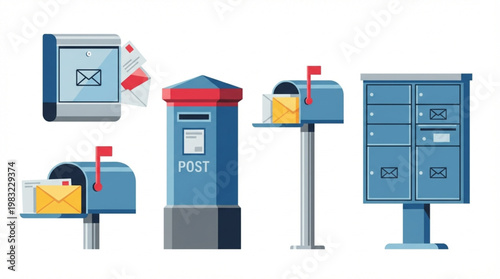 Illustration of various blue mailboxes and a postal box on a white background with red flags and envelopes