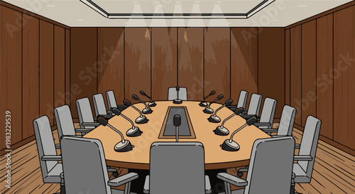Empty conference room with a large oval table, chairs, and microphones
