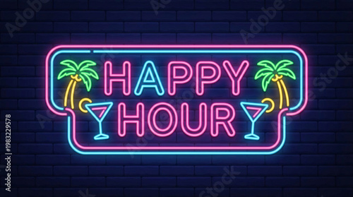 Neon sign reading 'Happy Hour' with palm trees and cocktail glasses on a dark brick wall background
