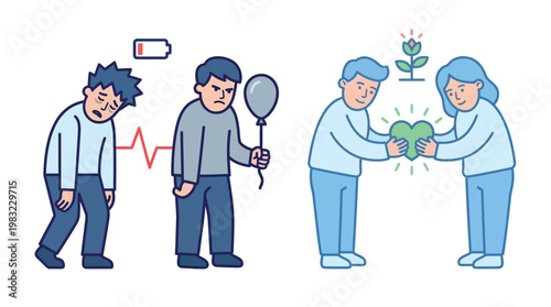 Illustration depicting the journey from burnout and emotional exhaustion to mutual support and mental well-being.
