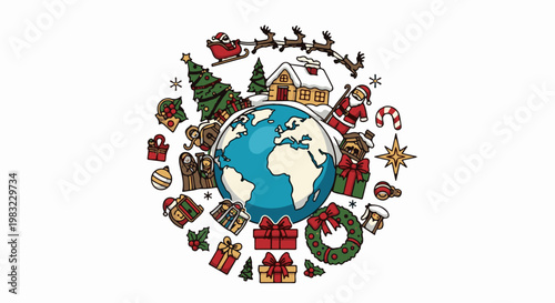 Global Christmas celebration with Santa, gifts, trees, and nativity scenes