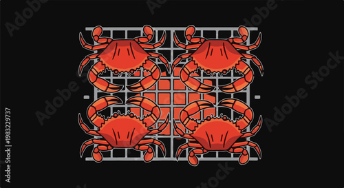 Four red crabs arranged on a grill grate, isolated on black