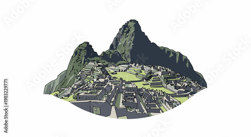 Ancient city ruins nestled amongst lush green mountains in a stylized illustration