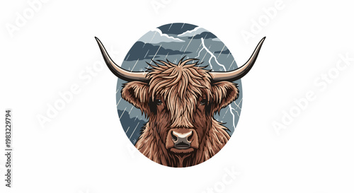 Fierce hairy cow with large horns in stormy weather with lightning