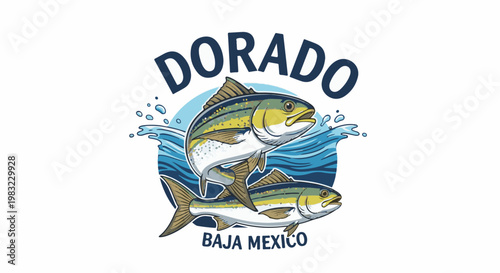 Two yellowtail fish jump from blue water under "DORADO" text