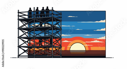 Figures silhouetted on scaffolding watch a pixelated sunset over ocean waves