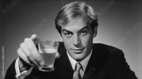 Businessman suit portrait pointing beer glass black white studio concept contrast elegant corporate humor lifestyle professional character isolated background minimal style