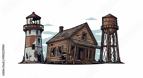 Dilapidated wooden house with a broken lighthouse and water tower