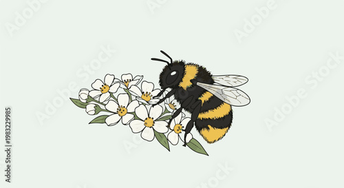 Fluffy bumblebee collecting nectar from delicate white flowers with green leaves