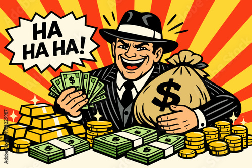 Bold pop art vector of a laughing gangster in a fedora hugging a money bag with stacks of cash and coins on a radiant burst backdrop. Wealth, greed, crime, and jackpot concept.