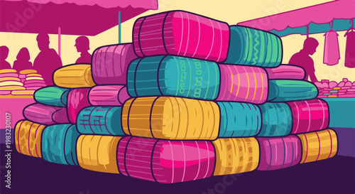 Vibrant textiles stacked at a bustling marketplace, with silhouetted figures