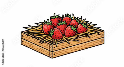 Fresh red strawberries nestled in a wooden crate filled with straw