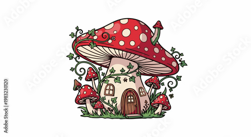 Whimsical mushroom home with ivy, nestled among smaller toadstools