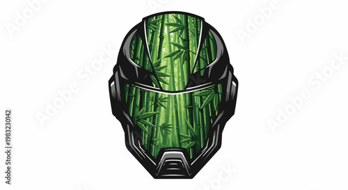 Futuristic helmet with a vibrant bamboo forest depicted inside