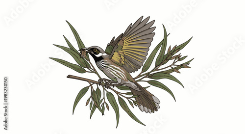 Bird with prey perched on a branch surrounded by leaves