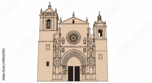 Detailed facade illustration of a large church with twin towers and ornate entryway