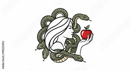 Woman in profile, entwined by snakes, holding a tempting red apple