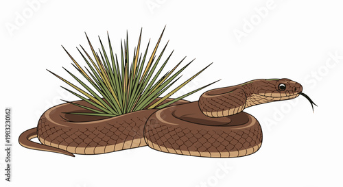 Brown snake coiled around desert plant with tongue flicking