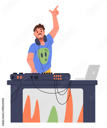 Excited man dj standing near turntable communicating with audience flat vector illustration isolated on white.