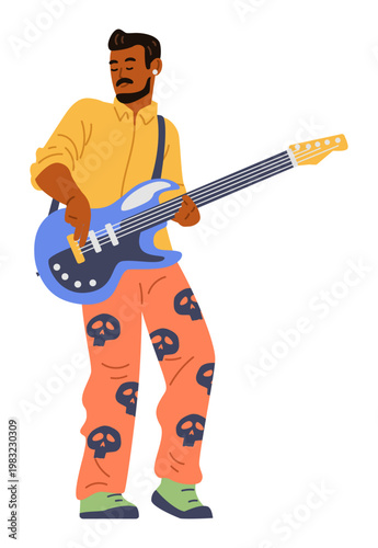 African American bass guitar player flat vector illustration isolated on white.