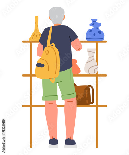 Senior man tourist shopping souvenirs standing back flat vector illustration isolated on white.