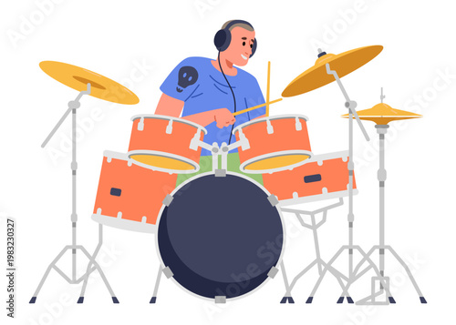 A drummer in headphones plays a drum kit flat vector illustration isolated on white.