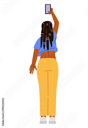 African American woman standing back records video on the phone flat vector illustration isolated on white.