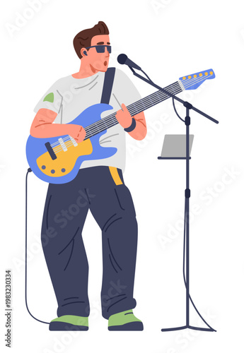 Man playing electric guitar and singing into microphone flat vector illustration isolated on white.