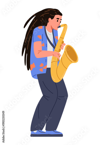 Man musician with dreadlocks playing saxophone flat vector illustration isolated on white.